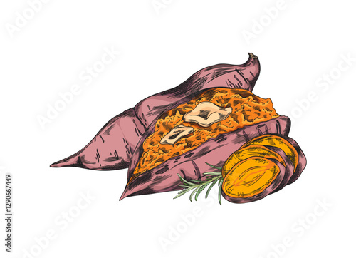 Sweet potato piece and puree dish vector color sketch, hand drawn orange ripe yam with rosemary, farm vegetable menu