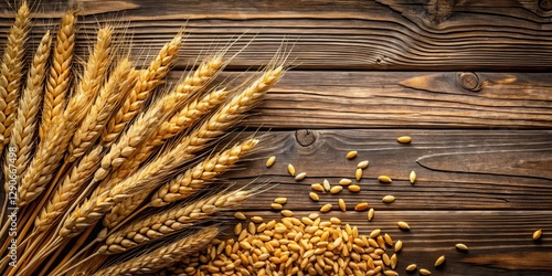 Ancient grain wheat ears, densely packed with golden kernels, against a rustic wooden background, wheat, rustic photo