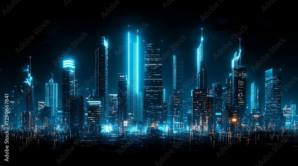 Fototapeta premium carbon storage emissions concept. Futuristic city skyline illuminated in blue light against a dark background.