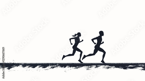 The image shows two stylized silhouettes of runners, a male and a female, running side-by-side against a bright white background.  The silhouettes are rendered in solid black, with minimal