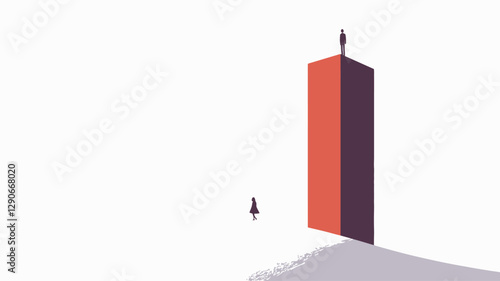 The image features a minimalistic, abstract illustration of a geometric structure.  It consists of two rectangular prisms, one taller than the other, rendered in shades of red and purple.