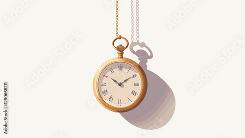 Digital illustration of a gold antique pocket watch hanging from a gold chain against a white background.  The watch face features roman numerals and a simple design. A soft shadow is cast