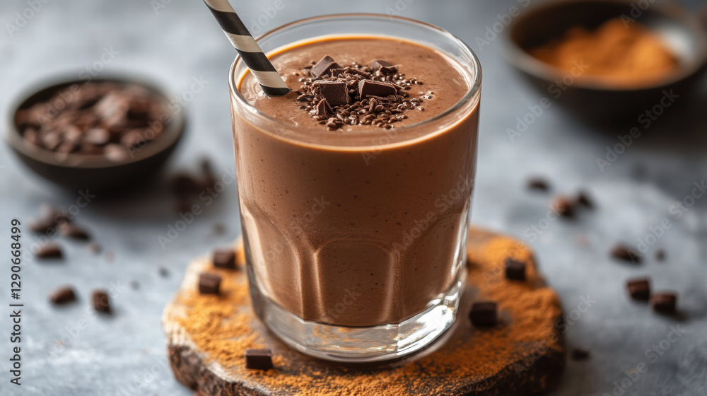 Creamy chocolate smoothie topped with chocolate shavings and straw, surrounded by cocoa powder and chocolate chips, perfect for nutritious treat Creamy chocolate smoothie topped with chocolate shavings and straw, surrounded by cocoa powder and chocolate chips, perfect for nutritious treat