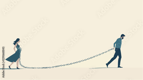 A minimalist vector illustration depicting a pregnant woman and a man connected by a long chain.  The figures are stylized, with muted blue-teal tones against a pale background. The woman