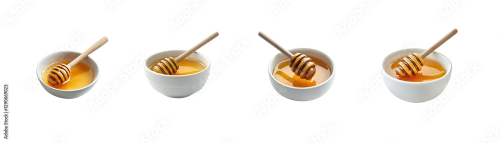 Drizzling Honey into White Bowls with Wooden Dipper on Isolated Background Drizzling Honey into White Bowls with Wooden Dipper on Isolated Background
