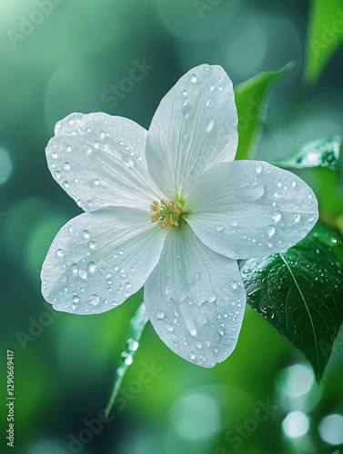 Delicate white flower with raindrops in a lush garden