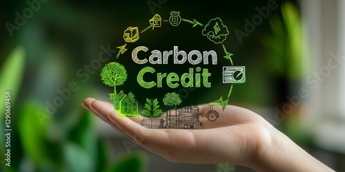 carbon storage emissions concept. Hand holding a graphic of carbon credit concepts and nature icons.