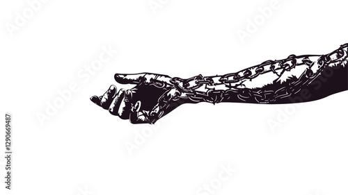 High-contrast black and white illustration of a hand and forearm reaching out.  The style is graphic, utilizing bold lines and shading to create texture and form. The image is stark and