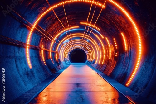 Futuristic Tunnel with Neon Lights and Dynamic Flowing Patterns in a Dark Environment Capturing Modern Urban Aesthetic and Energy