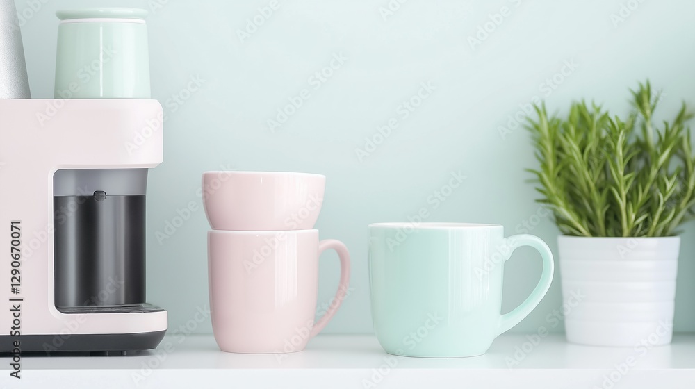 White shelf with a pink coffee maker on the left side and two pink mugs on the right side. White shelf with a pink coffee maker on the left side and two pink mugs on the right side.