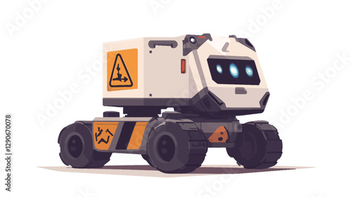 Digital illustration of a small, cartoonish robot designed for cargo delivery. The robot is predominantly white with yellow and orange accents on its wheels and base.  It features a