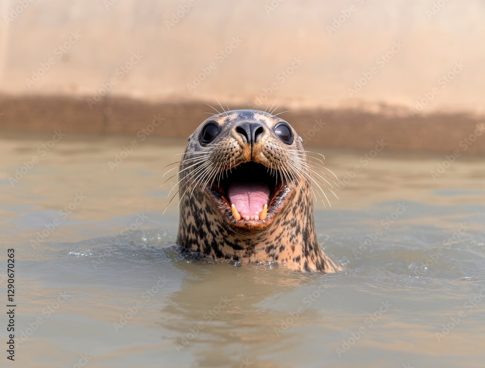 Obraz premium Playful Seal Smiling with Open Mouth in Calm Water Environment