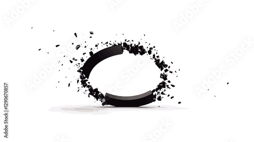 The image depicts a three-dimensional rendering of a black oval ring disintegrating into small, dark particles against a white background. The particles are scattered around the ring,