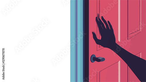 The image is a stylized vector illustration featuring a dark-toned silhouette of a hand reaching towards a red door's knob. The door is depicted in a simplified, flat design with a light