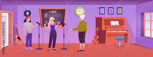 Students singing into microphone and teacher in music classroom vector illustration, musical instruments, vocal lesson