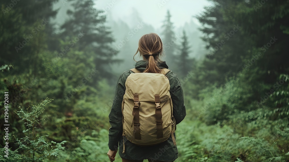Woman in a backpack walking through a green forest trail surrounded by tall trees Woman in a backpack walking through a green forest trail surrounded by tall trees