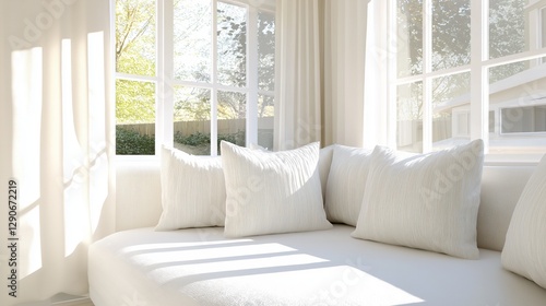 Modern living room with a large window on the right side. the window has white curtains that are open, allowing natural light to enter the room.