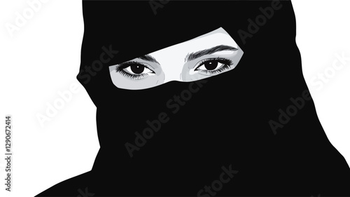 Close-up, monochrome portrait of a woman's face partially obscured by a black niqab. Only her eyes are visible, which are dark and expressive. The image is high contrast, with deep blacks