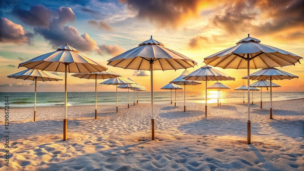 Fototapeta premium Closed Beach Umbrellas: Summer Vacation Relaxation Scene