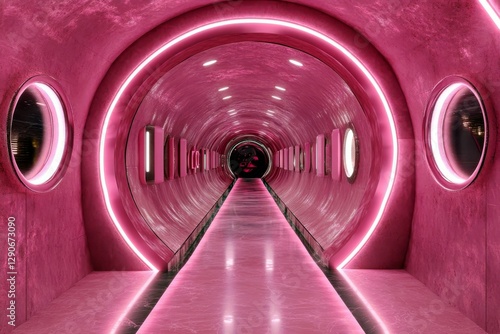 Captivating Interior of a Futuristic Tunnel with Vibrant Pink Lighting and Smooth Pathway Leading Into Depths of Modern Architectural Design