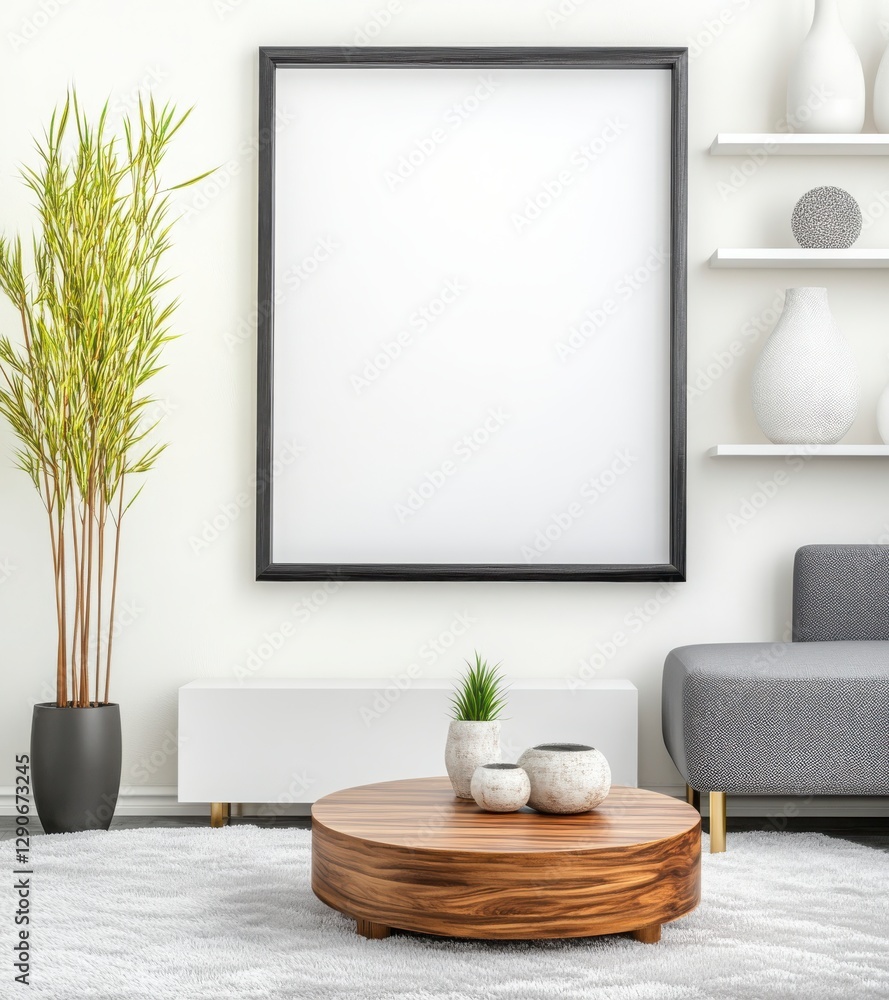 Chic Modern Living Room with Blank Frame and Stylish Decor Items Chic Modern Living Room with Blank Frame and Stylish Decor Items