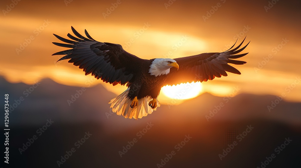 An eagle with outstretched wings, the sun setting in front of it,