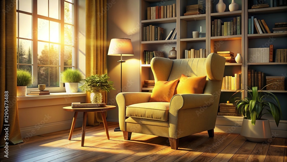 Fototapeta premium Cozy Reading Nook: Yellow Chair, Warm Evening Light, Books
