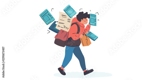 The illustration depicts a stylized cartoon figure, possibly a student or young professional, walking while carrying a heavy backpack and numerous documents and digital devices floating