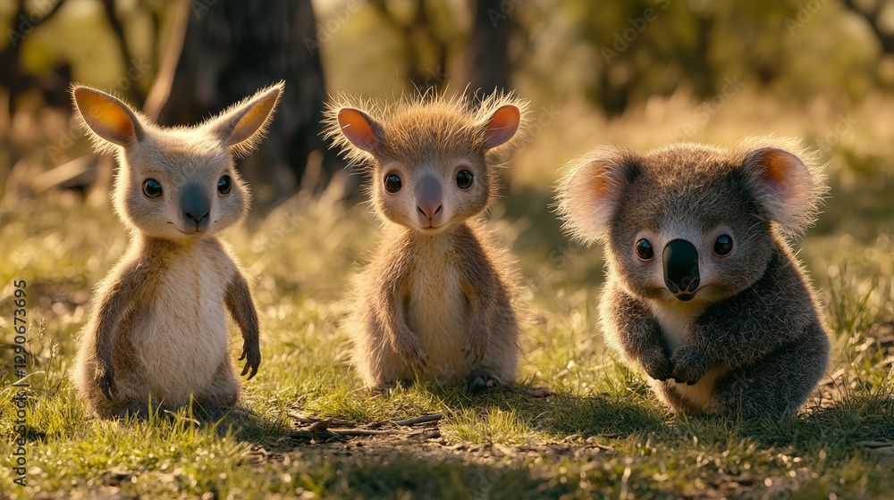 Australian animals in natural landscape, wildlife cartoon characters, vector illustration. Ostrich, echidna and platypus. Cute wild animals of Australia, kangaroo, koala, wombat and tasmanian devil Australian animals in natural landscape, wildlife cartoon characters, vector illustration. Ostrich, echidna and platypus. Cute wild animals of Australia, kangaroo, koala, wombat and tasmanian devil