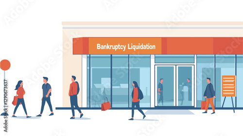 The image is a stylized vector illustration depicting the exterior of a bankruptcy liquidation office. The building is simple, with an orange awning displaying the words "Bankruptcy
