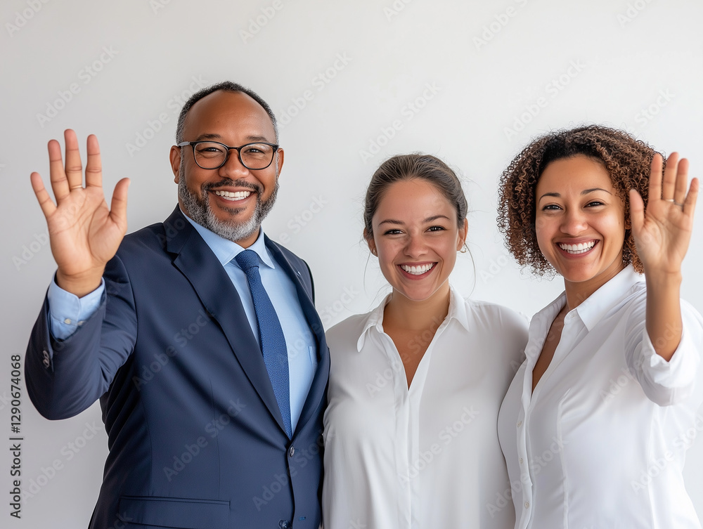 Three businesspeople smiling and waving at the camera. Group of professional business people, coworkers, and partners Three businesspeople smiling and waving at the camera. Group of professional business people, coworkers, and partners