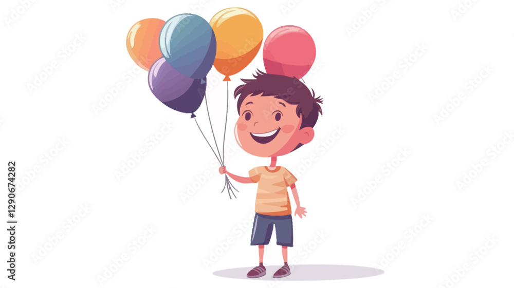 A digital illustration depicts a young boy with short brown hair, wearing a yellow and white striped t-shirt and dark shorts, smiling broadly while holding a bunch of four brightly colored A digital illustration depicts a young boy with short brown hair, wearing a yellow and white striped t-shirt and dark shorts, smiling broadly while holding a bunch of four brightly colored