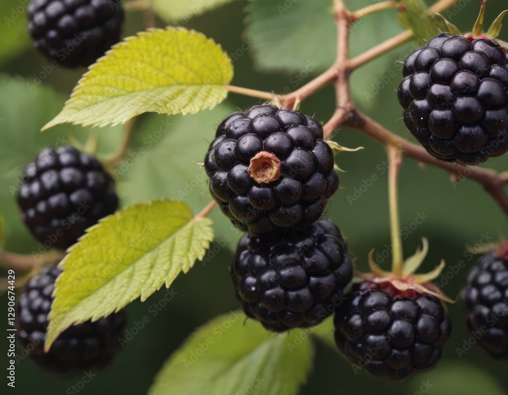 A cluster of ripe blackberries is hanging from a tree branch A cluster of ripe blackberries is hanging from a tree branch