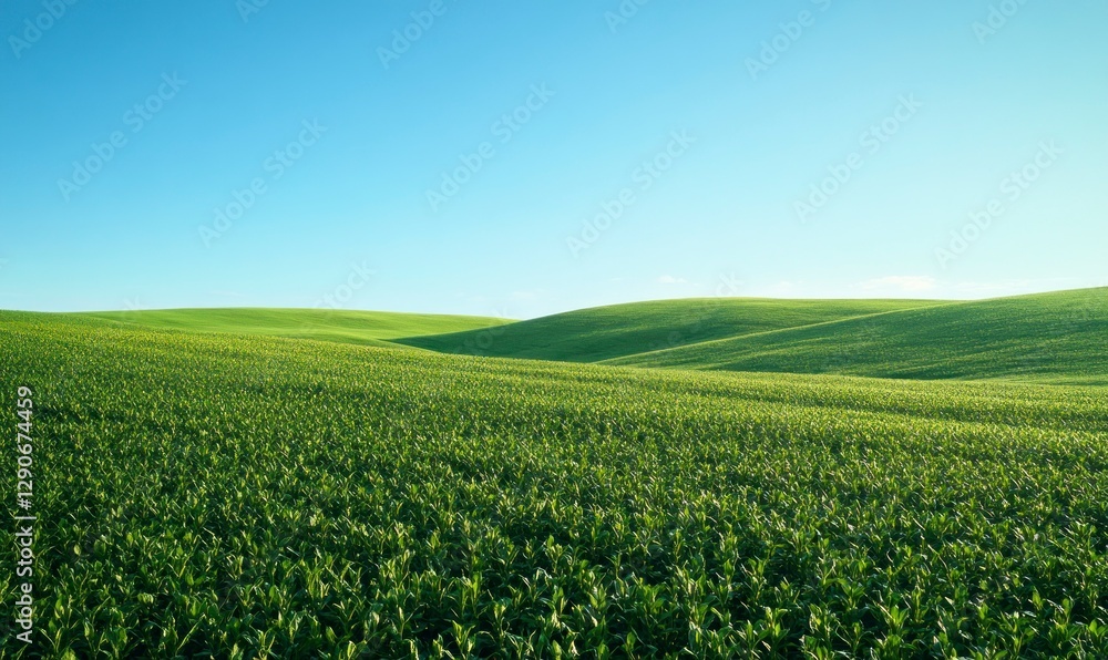 vast field of green soy plants, rows upon rows stretching to the horizon under a clear blue sky. The scene captures the essence and beauty of the agricultural landscape vast field of green soy plants, rows upon rows stretching to the horizon under a clear blue sky. The scene captures the essence and beauty of the agricultural landscape