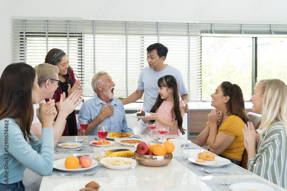 Diversity family, multi generation family. Happy family dining together at home