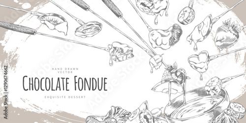 Vector banner with monochrome sketch of fondue forks with fruit pieces in hot chocolate.