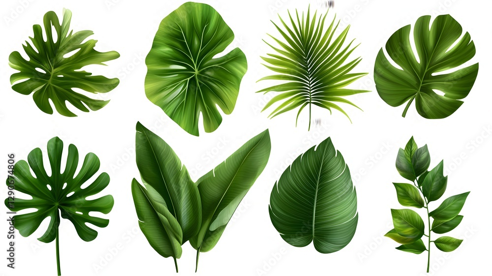 Complete set of tropical leaves featuring diverse varieties against a bright background Complete set of tropical leaves featuring diverse varieties against a bright background