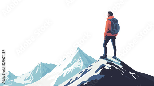 Illustration of a man standing on a snow-capped mountain peak, facing away from the viewer.  He is wearing a red jacket and carrying a backpack.  The style is vector illustration, with