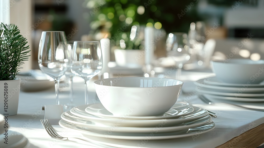 Fototapeta premium Elegant table setting with a white plate and bowl placed on a stylish table