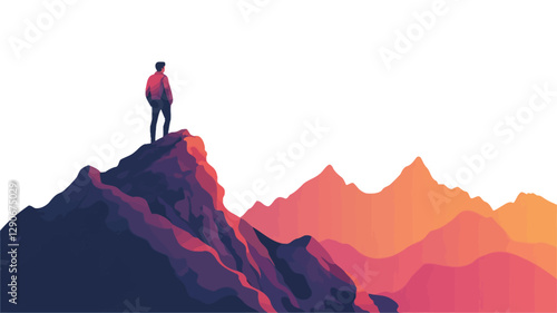 A stylized vector illustration depicting a lone male figure standing on the summit of a mountain peak. The figure is rendered as a dark silhouette against a backdrop of stylized mountains