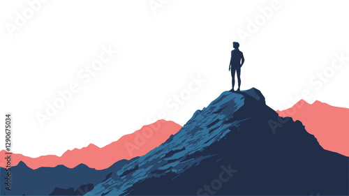 The image is a stylized illustration or painting depicting a dark silhouette of a person standing on the summit of a dark blue mountain peak. The background features a range of mountains