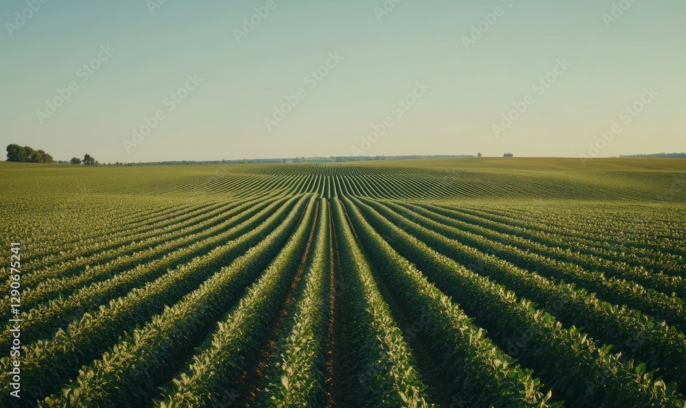 vast field of green soy plants, rows upon rows stretching to the horizon under a clear blue sky. The scene captures the essence and beauty of the agricultural landscape vast field of green soy plants, rows upon rows stretching to the horizon under a clear blue sky. The scene captures the essence and beauty of the agricultural landscape