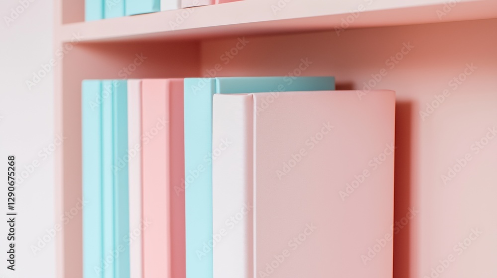 Close-up of a pink bookshelf with three books on it. Close-up of a pink bookshelf with three books on it.