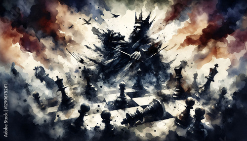 Imminent Checkmate: Watercolor Depiction of the Final Moments in a Chess Game