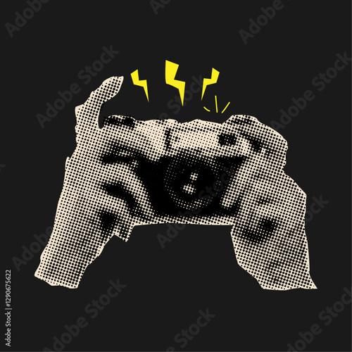Two hand holding camera in halftone style,design element cut out from magazine,retro halftone effect