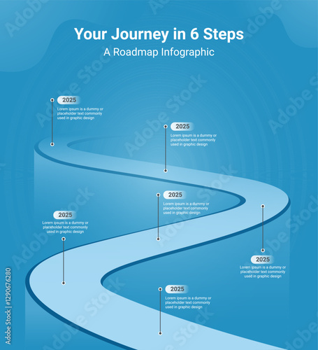 Visualize your journey with this sleek 6-step roadmap infographic. A dynamic winding path design, perfect for business strategy, growth plans, and milestone tracking. EPS 10.