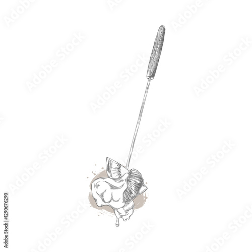 Tangerine and kiwi slices on the skewer with melted chocolate engraved hand drawn vector, sweet snack, fondue dessert