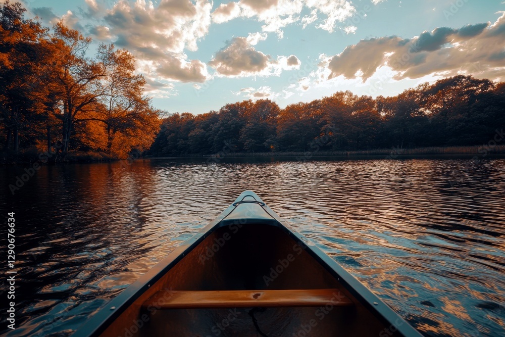 Fototapeta premium Serene Canoeing Adventure on Calm Lake Surrounded by Autumn Foliage