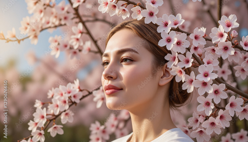 Fototapeta premium Serene woman with gentle expression surrounded by blooming cherry blossoms, evoking harmony and renewal