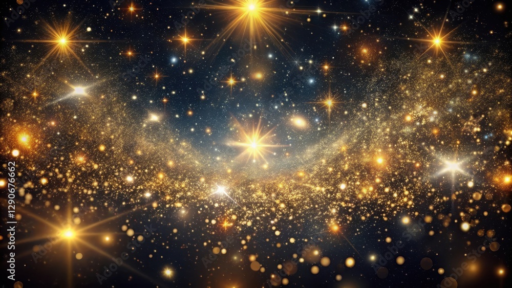 Naklejka premium Dark mystical abstract background with intricate gold sparkles scattered in a chaotic pattern , universe, cosmic, universe